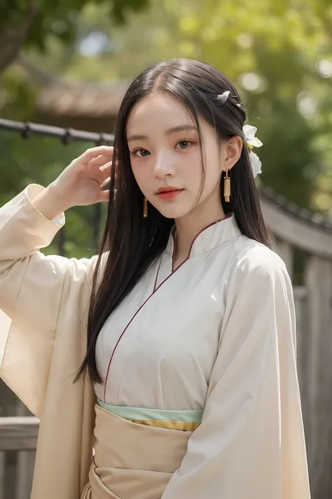 (Masterpiece, Top Quality, Best Quality), ((Wuxia World, Xiuxian, Chinese Wuxia,)), (1 Girl Solo), (Gentle Eyes), (Hanfu, Tulle Streamer), (Hairpin, Long Black Hair), (Hanfu), Light Pink Lips, (Young), Earrings, White Skin, (Clear Facial Features, Detailed...