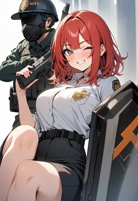 Masterpiece, 1 female, security guard, SAT, special forces, holding large shield, arc knights, modern, cute, smiling, bright, holding gun, winking, bangs center parted, red hair, medium hair, innocent, cute, white background