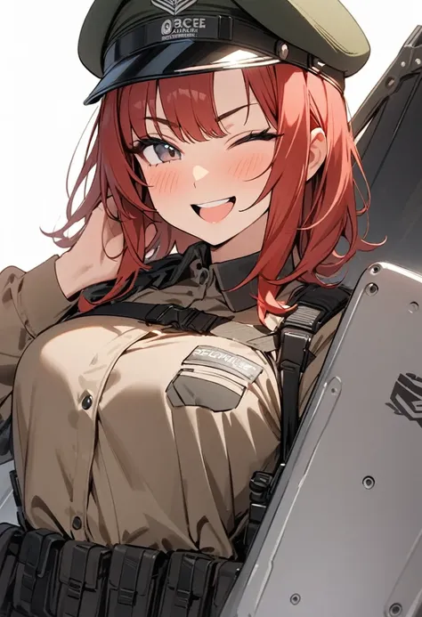 Masterpiece, 1 female, security guard, SAT, special forces, holding large shield, arc knights, modern, cute, smiling, bright, holding gun, winking, bangs center parted, red hair, medium hair, innocent, cute, white background