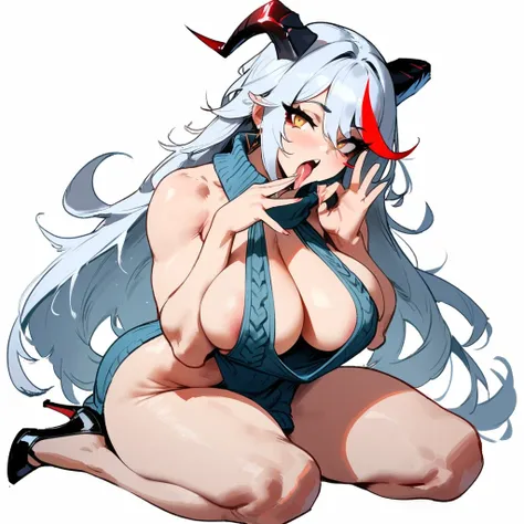 1girl, aegir (azur lane), azur lane  masterpiece, best quality, very aesthetic, absurdres, newest  perfect anatomy, slim body, ,perfect hands, , ,  by nyantcha,,by cutesexyrobutts,by khyle ///// white background, , , silvery white hair with a single promin...