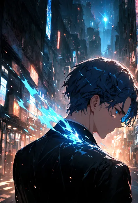 A man with blue hair and blue eyes in a black suit stood alone with his back turned halfway in the middle of the city at night.