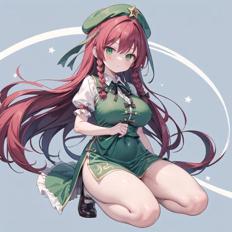 1women, hong meiling (touhou), green eyes, long hair, red hair, twin braids, chinese clothes, green headwear, beret, white shirt, green vest, green skirt, green dress, collared dress, puffy short sleeves, frilled sleeves, black ribbon, neck ribbon, white p...