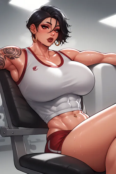 Hot sexy beautiful  muscular woman relaxing on chair after intense gym exercise, black hair, ear piercing,sharp eyes,curves,charm, golden hoops earrings , jawline ,short hair, big breasts , gym uniform,  veins in body, sweating ,shredded body,lips, no fore...