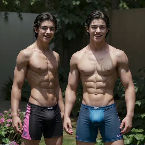 a young 14-year-old boy, beautiful detailed blue eyes, beautiful detailed black hair, muscular build, shirtless, wearing pink tight trunks, laughing, playing in a garden, (best quality,4k,8k,highres,masterpiece:1.2),ultra-detailed,(realistic,photorealistic...