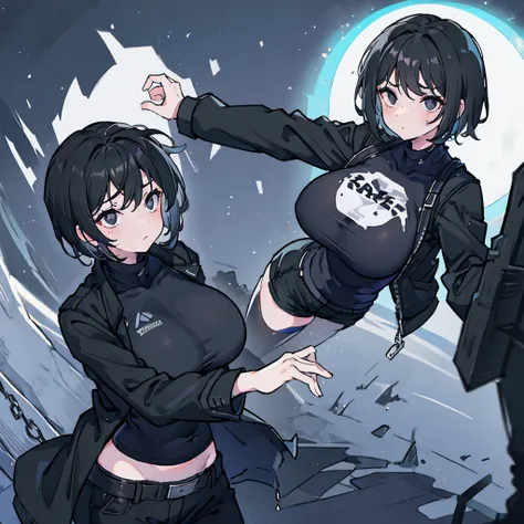 Female, big breasts, short hair, singer, tired eyes, dead-faced, messy hair, black Jacket, black pants, Wear a white t-shirt, 1 Female, cold face, at night, black eyes, normal person, stand still, 