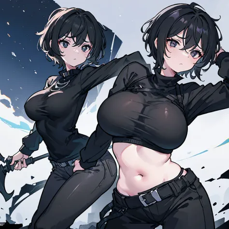 Female, big breasts, short hair, singer, tired eyes, dead-faced, messy hair, black Jacket, black pants, Wear a white t-shirt, 1 Female, cold face, at night, black eyes, normal person, stand still, 