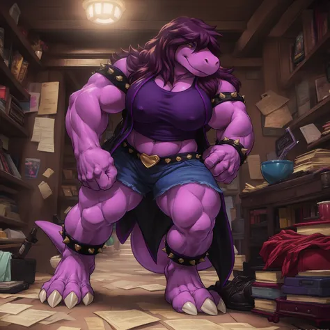 susie, susie deltarune, muscular, strong, plump, heavy, dragon, short stack, female, large breasts, (nipple outline:0.7), bodybuilder pose, uploaded on e621, (detailed background), (intricate:1.1), (high detail:1.2), (masterpiece, best quality, 4k, 2k, sha...