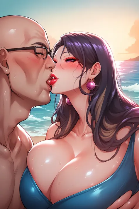  beautiful sexy  woman having passionate kiss bald fat body also ugly face old man, early 30s, long hair, wearing a orchid lei, on a beach, pacific sunset,huge breasts, makeup , lipstick ,  magenta eyes, perfect face, jawline , earrings ,blush ,oily body, ...