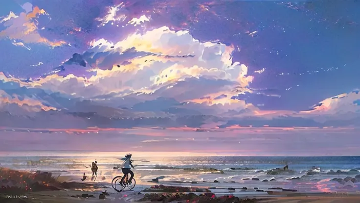 Painting of a woman riding a bicycle on the beach near the sea, inspired Lads, Concept Art | Rad, Makoto Shinkai. —h 2160, Lads, Makoto Shinkai cyril rolando, style of Makoto Shinkai, in style of Makoto Shinkai, By Atey Gairan, Rad!