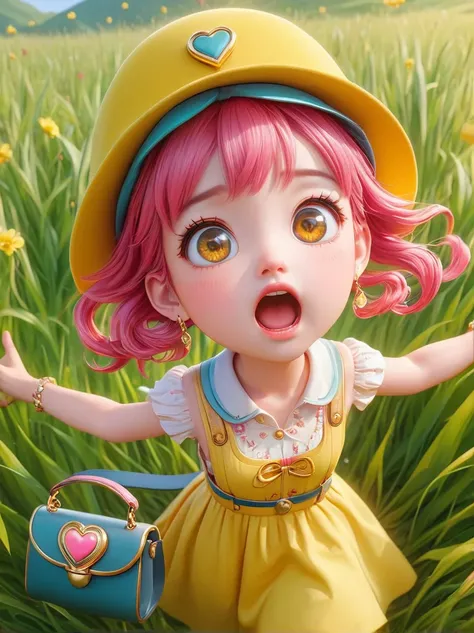 (Little)，(masterpiece, highest quality, highest quality, Official Art, beautifully、aesthetic:1.2), Cute Goddess IP,Require,Little face,Grass,Red scar, Shocked look,Beautiful dress, Cute cartoon diagonal shoulder bag, Pink Hair, Yellow patterned wool hat, 1...