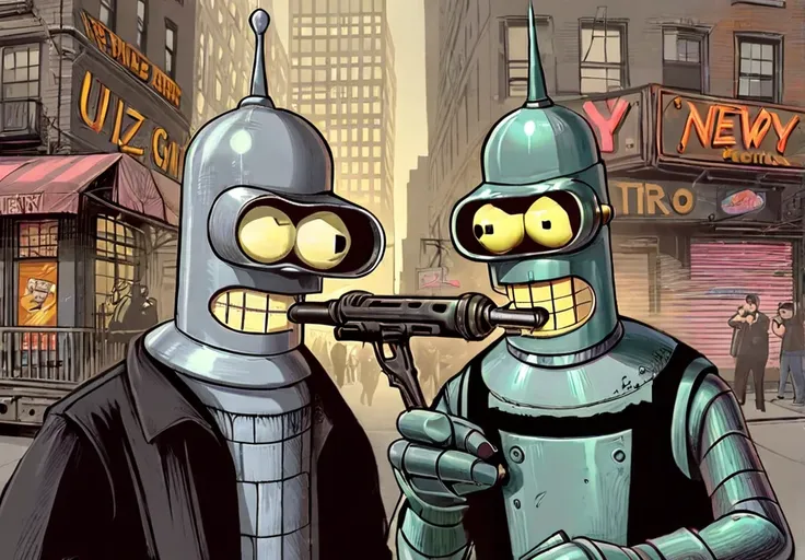 two bender holding uzi gun on face on new york city