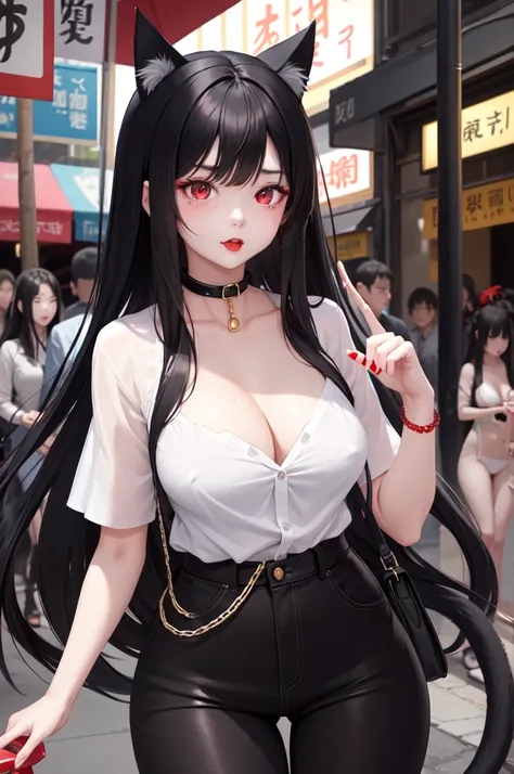 1 girl、细致的Facial details，Cat ear，Black long hair,red lips，Slim，Wearing a white shirt，Large Breasts，jeans，Two hands，Two Legs，Charming red eyes,，handcuffs，collar，Radiant Skin，Facial details，Night scene street market