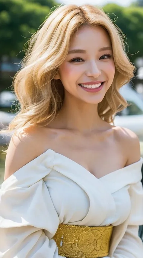 Surreal beautiful woman with blonde wavy hair and a big smile on her face.South Korea.Pure white off-shoulder low-cut kimono