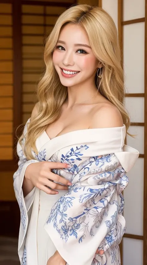 Surreal beautiful woman with blonde wavy hair and a big smile on her face.South Korea.Pure white off-shoulder low-cut kimono