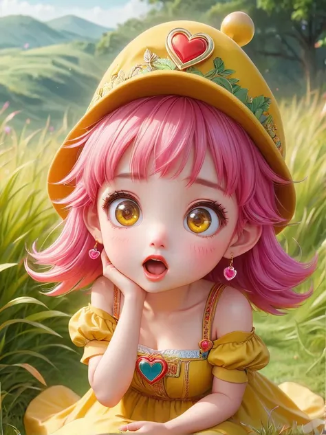 (Little)，(masterpiece, highest quality, highest quality, Official Art, beautifully、aesthetic:1.2), Cute Goddess IP,Require,Little face,Grass,Red scar, Surprised expression,Beautiful dress, Cute cartoon diagonal shoulder bag, Pink Hair, Yellow patterned woo...