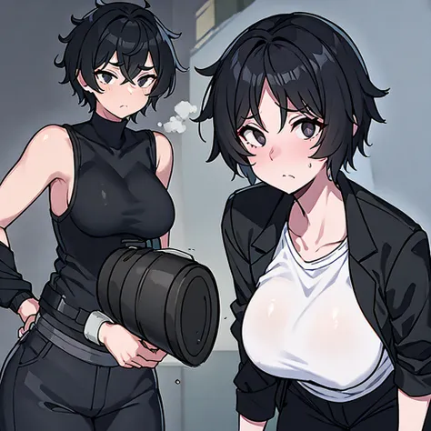 Female, big breasts, black short hair, tired eyes, messy hair, black Jacket, black pants, Wear a white t-shirt, 1 Female, cold face, at night, black eyes, normal person, stand still, 