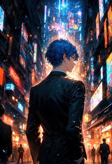 A man with blue hair and blue eyes in a black suit stood alone with his back turned halfway in the middle of the city at night.