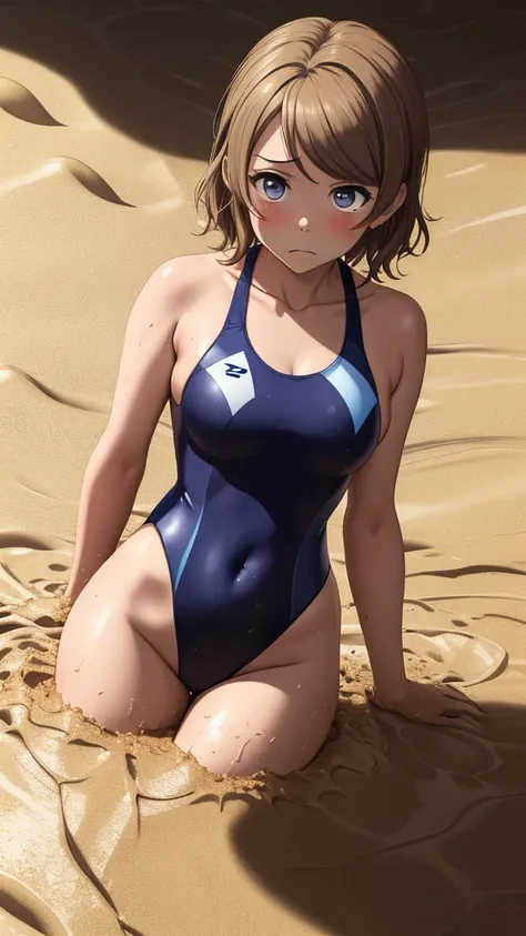 (Masterpiece), 8k wallpaper, solo, Watanabe you, one-piece swimsuit, v-neck, low cut at hips, worried, upset, (quicksand:1.2)