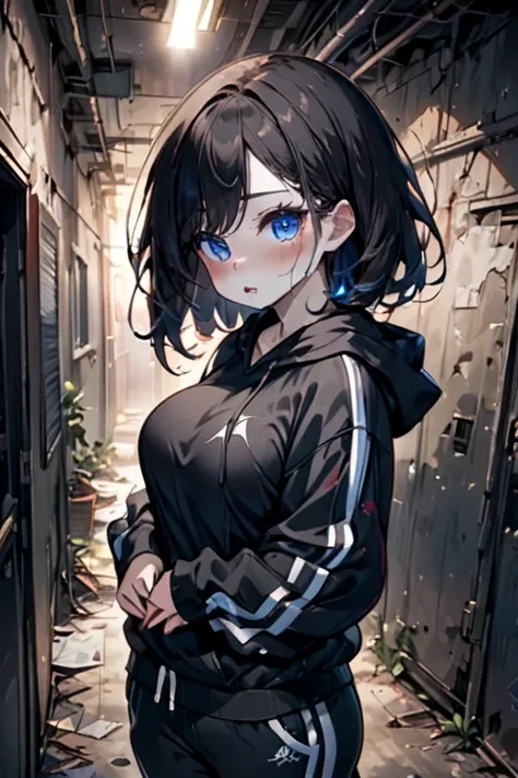 A college woman an hourglass figure with long, black hair with black tips and extra-black shadowing; average breasts; blue eyes; pale skin; blushing; wiccan; black hoodie and trackpants; soft blur background, no blue-shadowing in hair, in the depths of an ...