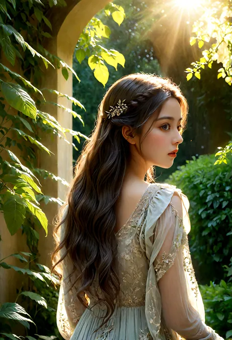 1girl, A woman in a garden, Back View, long flowing hair, delicate shoulders, intricate dress, sunlight filtering through trees, lush greenery, dreamy atmosphere, beautiful detailed face, beautiful detailed eyes, beautiful detailed lips, extremely detailed...