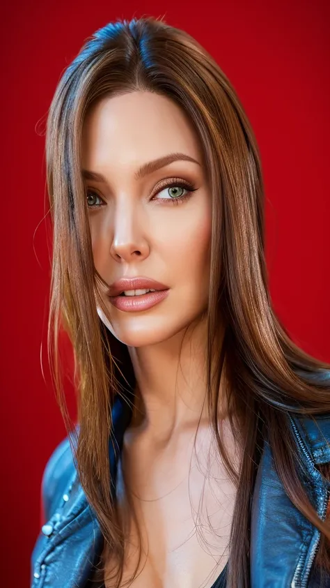 Realistic portrait of a 38-year-old woman. Long hair, beautiful woman, very natural face, perfect beauty, face inspired by Angelina Jolie version of Lara Croft . High resolution, 4k