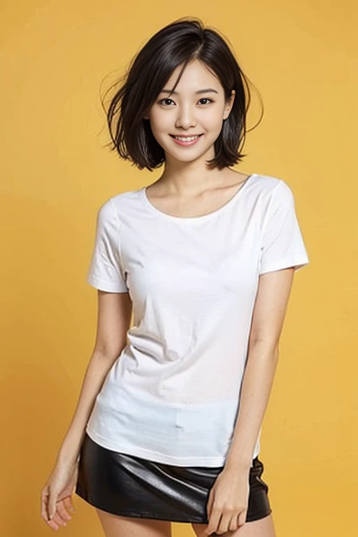 a gorgeous lady, age 22, white T-shirt and black skirt, dimpled smile, short bob hair, in a natural pose, photorealistic, beautiful detailed eyes, ample round bosom, hyper-realism, high contrast, ultra HD, realistic skin textures, top image quality, top-qu...