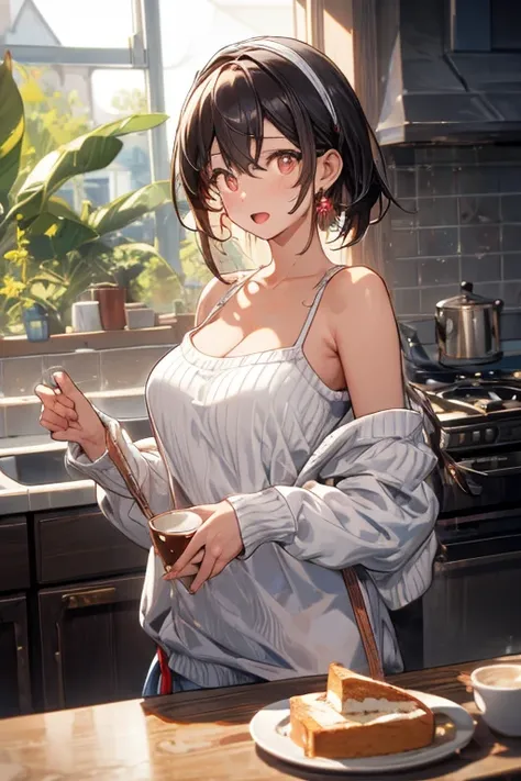 masterpiece, yor, 1girl, Amazing Cleavage:1.3, thin waist, big ass, Raised sexy, medium breast: 1.8 posed cleavage:1.2、solo, looking at viewer, open mouth, have a cup of coffee,black hair, red eyes, dress, bare shoulders, jewelry, collarbone, sidelocks, ha...