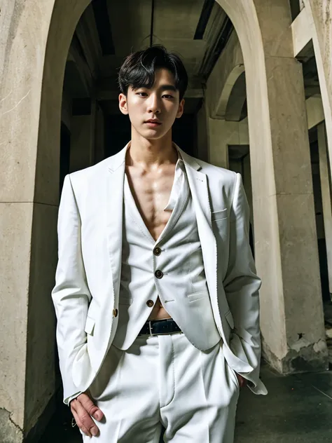 realistic​ photography​ of a​​​ ​ korean guy​ ​, 29 ages​​​ , wearing​ a​ suit​​​,​ white​ skin, at​​ old​s​ building