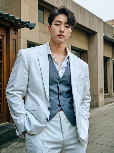 Realistic​ photography​ of a​​​ ​ korean guy​ ​, 29 ages​​​ , wearing​ a​ suit​​​,​ white​ skin, at​​ old​s​ building 