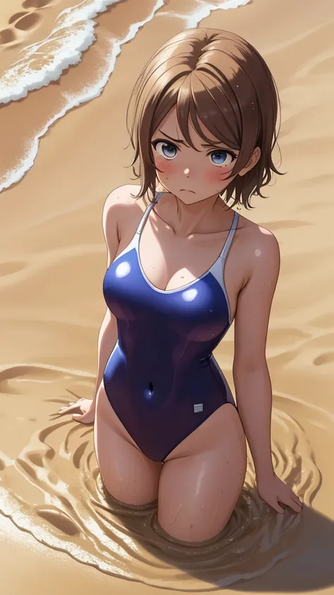 (Masterpiece), 8k wallpaper, solo, Watanabe you, one-piece swimsuit, v-neck, worried, upset, (quicksand:1.2)