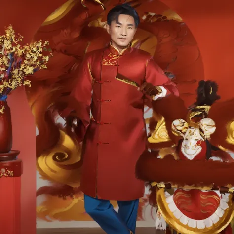 man in blue shirt and brown pants standing next to a red dragon, in style of lam manh, inspired by gong kai, ao dai, inspired by...