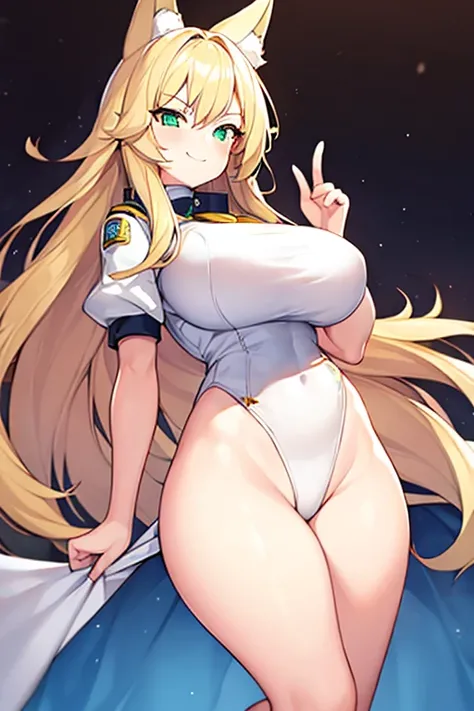 1girl, blonde hair, long hair, large breasts, thick thighs, wide hips, green eyes, smile, smirk, smug, leotard, white leotard, police uniform, white clothes, bare legs, policewoman, police hat, fox ears, fox tail, mature female, toned, hourglass figure