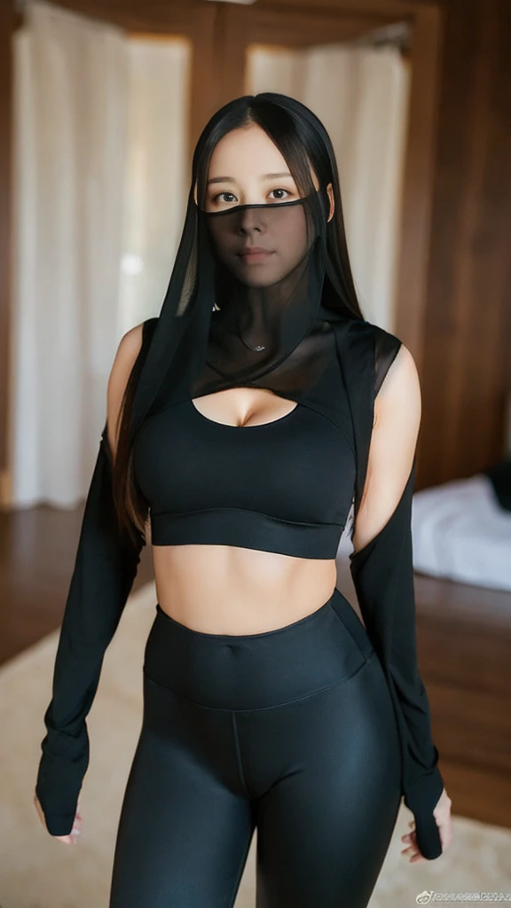 （lifelike， high - resolution：1.3），full body , 1 girl with a perfect body， Super fine face and eyes，slong hair， midriff of black colors：1.2， black shiny leggings，face veil,   big boob，Expose cleavage, ninja pose.