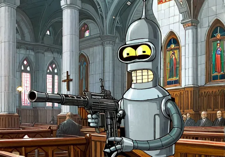 bender holding machinegun inside church at moscow