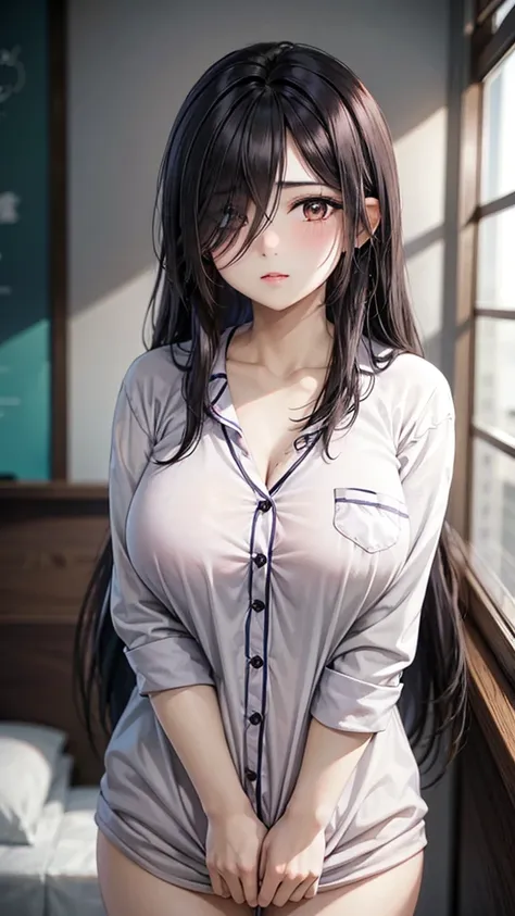 1girl,perfect ,black hair, long hair, (hair over one eye:1.4), messy hair, hair between eyes, plump, chubby,fat, saggy breast, cute motif pajama, cute shy blush on , bedroom 