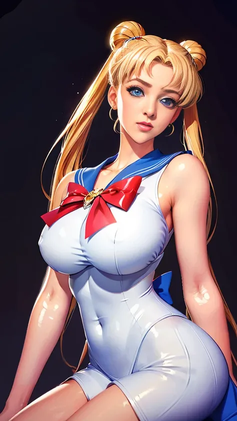 (（（Perfect body,White and tender skin,（（（Blue and white sailor suit, black high heels, and a bright red bow on the chest）））,（（（SMUsagiTsukino，Slender and soft golden hair, crystal clear and delicate skin, bright blue big eyes, thin cherry colored lips,,）））...