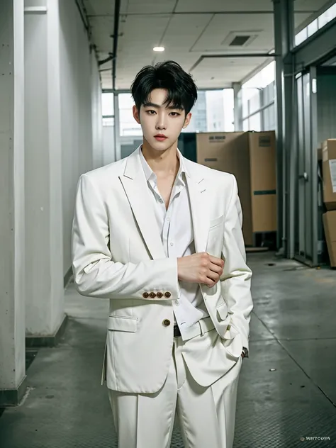 realistic​ photography​ of a​​​ ​ korean guy​ ​, 29 ages​​​ , wearing​ a​ suit​​​,​ white​ skin, at​​ old​s​ building