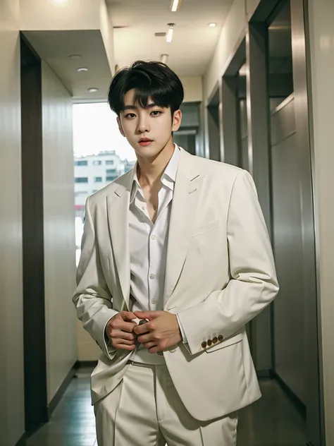 realistic​ photography​ of a​​​ ​ korean guy​ ​, 29 ages​​​ , wearing​ a​ suit​​​,​ white​ skin, at​​ old​s​ building