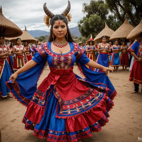 Una mujer usando un traje de Diablada, danza tipica del norte de Chile. tradition, bailes tipicos. Una bella mujer cabello largo, ojos azules, vestido corto 