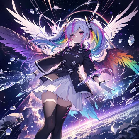 ((Archangel　Fantasy　Rainbow Hair　Make your hair rainbow-colored on the inside　Twin tails　Dull red eyes　Has a galaxy　uniform　Put on a coat without putting your arms through it　Wings many times larger than mine　rainbow gradient feathers　Lonely　Smiling Kindly...