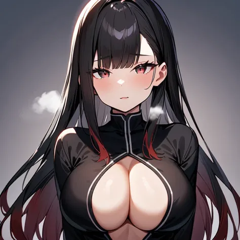 Explicit,nsfw,1girl,Solo,(red  eyes and black eyes:1.3),light  hair,grey eyes,best quality, very aesthetic, absurdres,eyes,breasts,attractive,adorable,simple,side locks,sideburns,bigbreast,(Gradient hair),(black hair:1.3),(Androgynous:1),(straight on),big ...