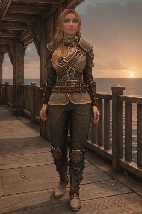 A stunning female Breton maiden stands poised on the weathered deck of a majestic ship at sunset in Skyrim. Her porcelain skin glows softly, illuminated by the warm rays of the rising sun. Delicate features and raven tresses frame her enigmatic smile as sh...