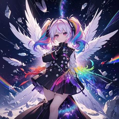 ((Archangel　Fantasy　Rainbow Hair　Make your hair rainbow-colored on the inside　Twin tails　Dull red eyes　Has a galaxy　uniform　Put on a coat without putting your arms through it　Wings many times larger than mine　rainbow gradient feathers　Lonely　Smiling Kindly...