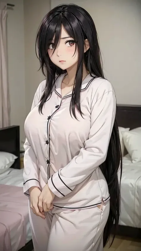 1girl,perfect ,black hair, long hair, (hair over one eye:1.4), messy hair, hair between eyes, plump, chubby,fat, saggy breast, cute motif pajama, cute shy blush on , bedroom 