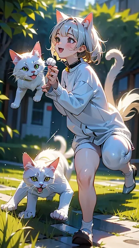 (A cat playing with a pure white dog）

