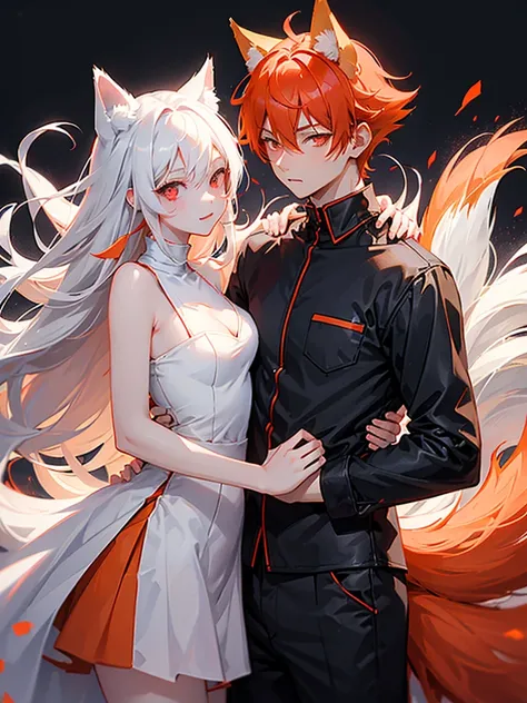 anime girl and boy, girl with orange hair and fox ears, red eyes, sexy red dress, boy with light gray hair and cat ears, red eyes, black shirt, dynamic light, cinematic light, eyes look at each other, (simple background)