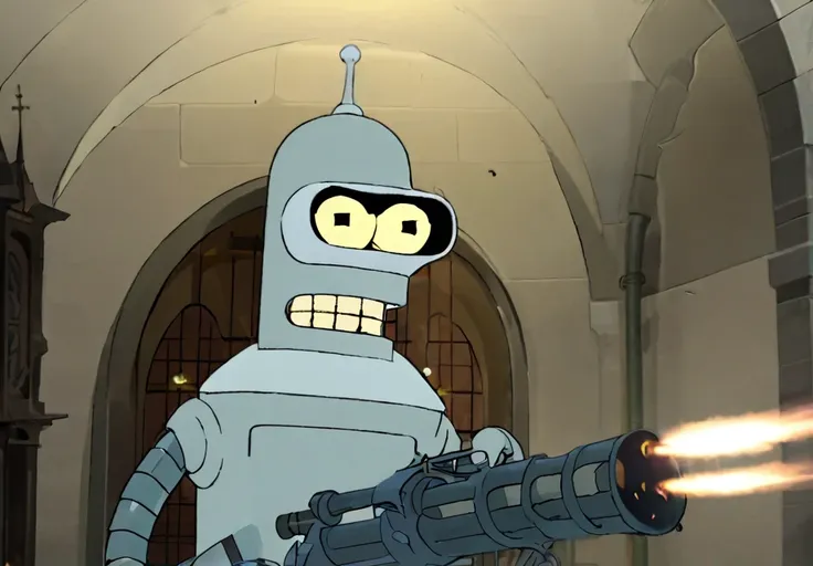 bender holding m134 minigun running inside church at moscow