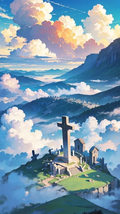 Realistic landscape、The sun is in the sky、Summer Clouds、Deep blue sky、Clouds are torn apart、Western-style graveyard on a hill、Diagonal view from above