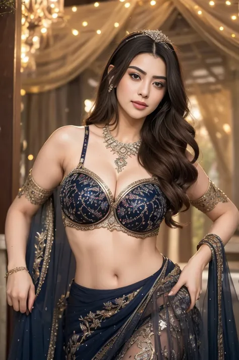 Hiba Nawab in 15 years old, perfect age, ultra realistic face, (((Stunningly sexual Beautiful Persian Princess ))), elegant blue black updo hair, sweet smile, FF cupped large breasts, ultra deep cleavage,  Beautiful bride posing under a fairy tale arch of ...