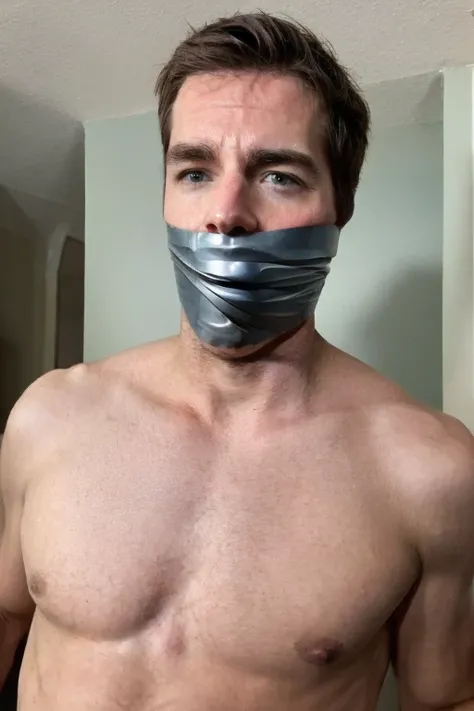 handsome man half body, naked, short brown hair, stubble, facial hair, tape wrapped, wrap gag, tightly bound, tape wrapped around face